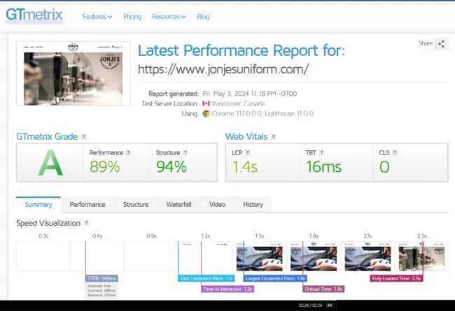 jonjes ecommerce website speed test with gtmetrix