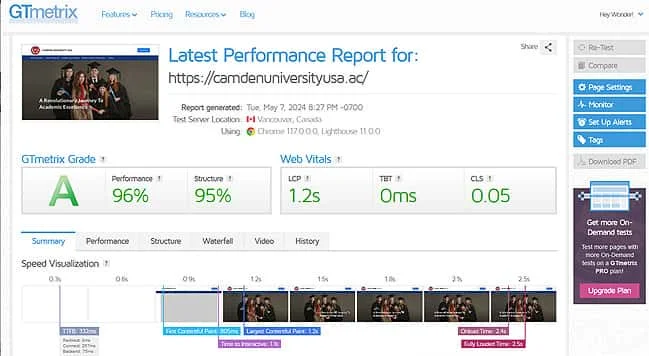 camden university website speed test with gtmetrix